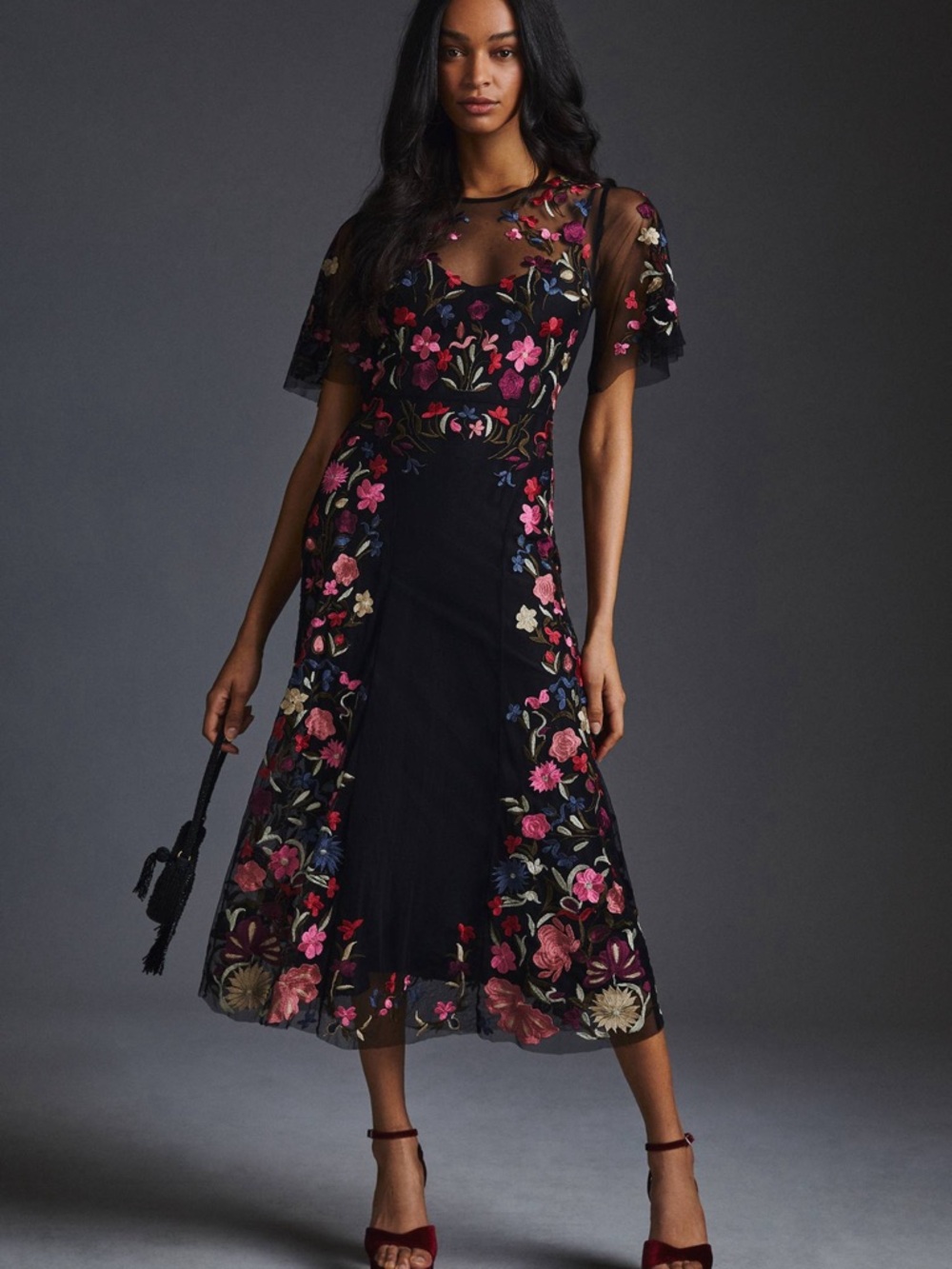 By Anthropology Embroidered Black Floral Midi Whimsigoth Wedding Guest Dress
